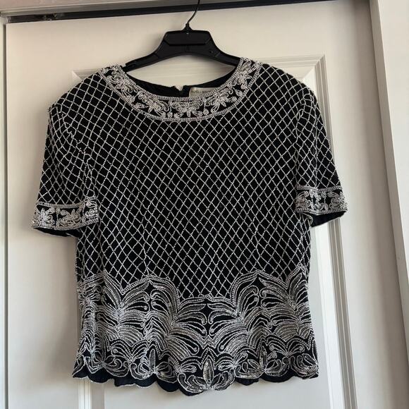 Adrianna Papell Black Beaded Evening Blouse Top Silk XL Formal Black Tie Elegant - Picture 2 of 9